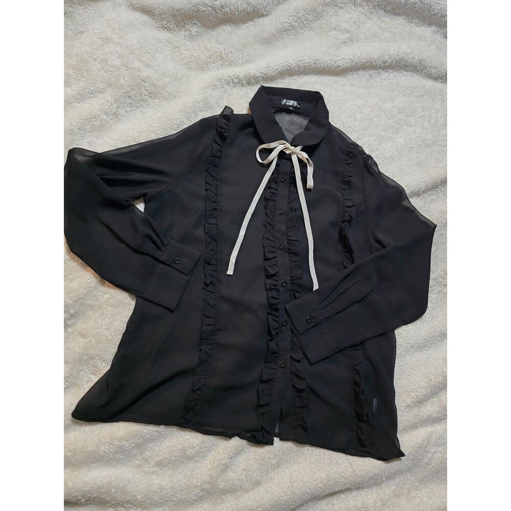 French Kiss Sheer Black Chiffon Ruffle Blouse Bow Tie Front Vintage Style L